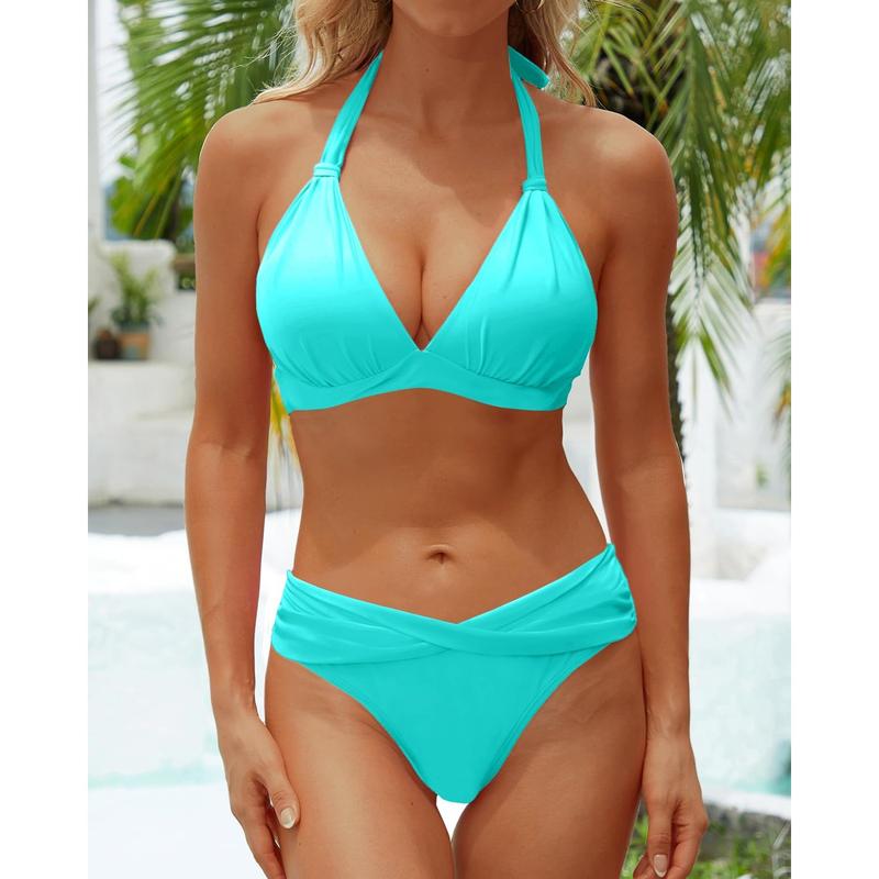 Flattering Two-Piece Bikini Set – Push-Up Halter & V-Cut Bottom